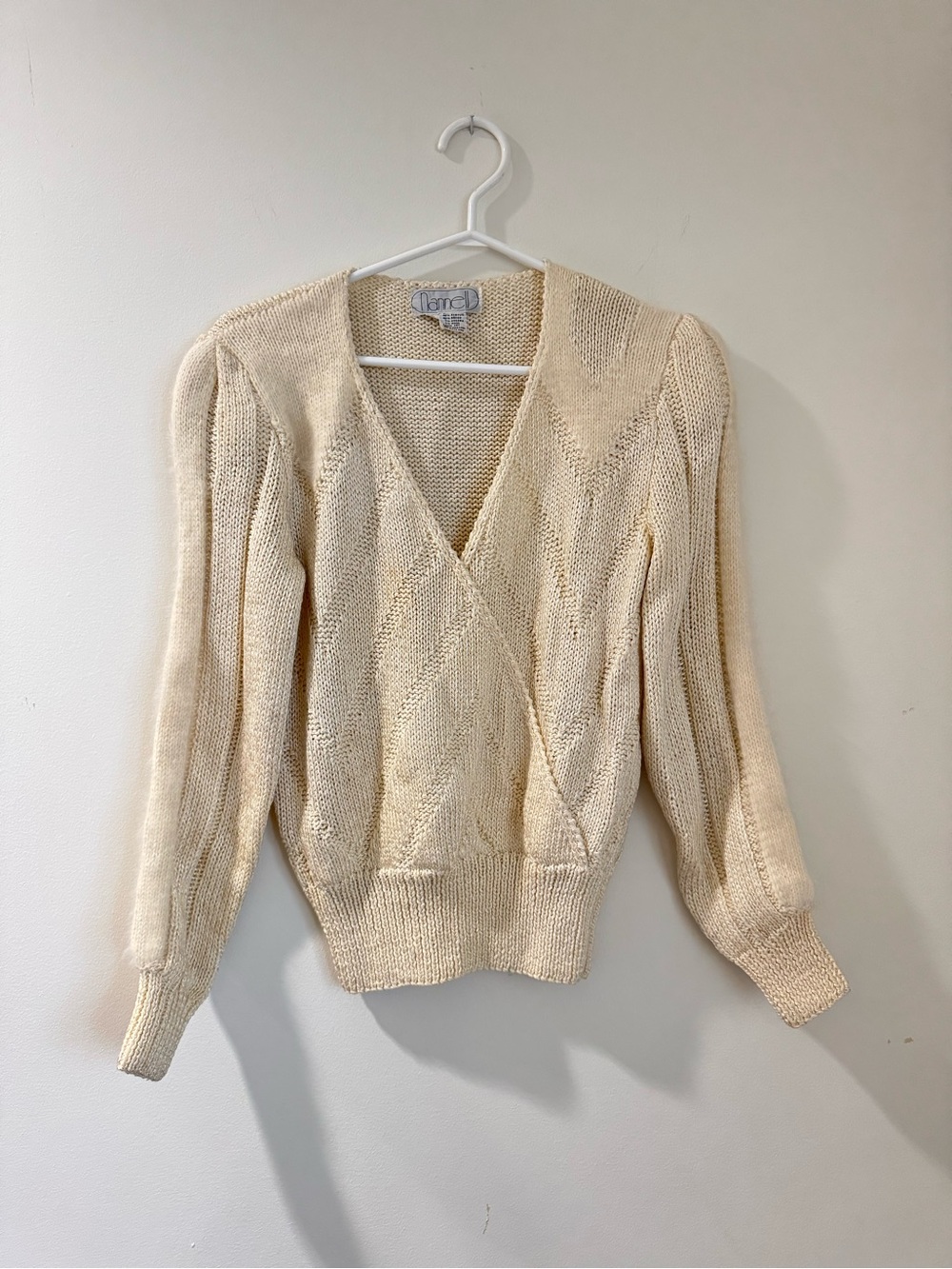Vintage Nannell Angora & Wool Cream V-Neck Knit Sweater